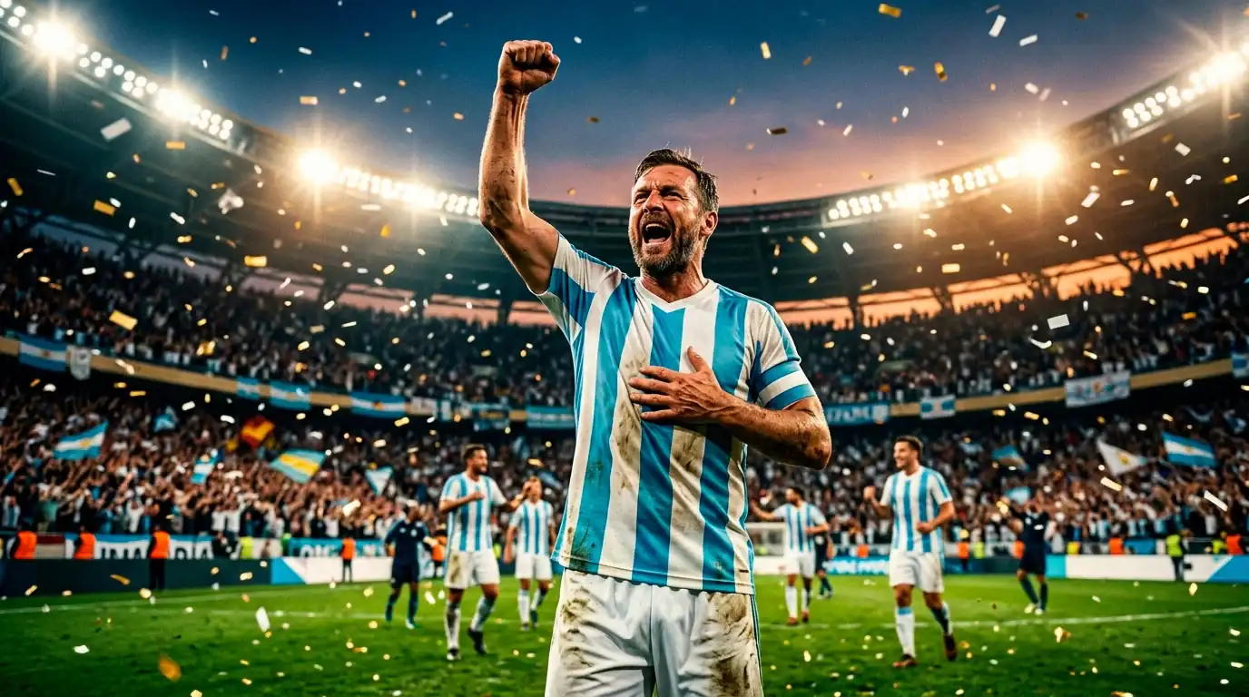 Argentinischer Spielführer mit erhobenem Arm vor einer riesigen Stadionkulisse