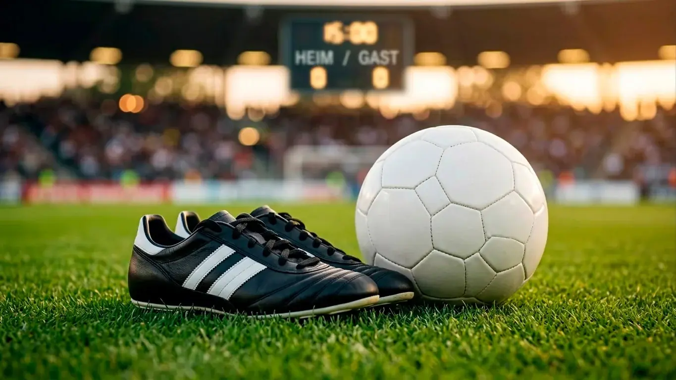 Zwei Fußballschuhe und ein Ball auf dem Rasen, im Hintergrund eine Anzeigetafel