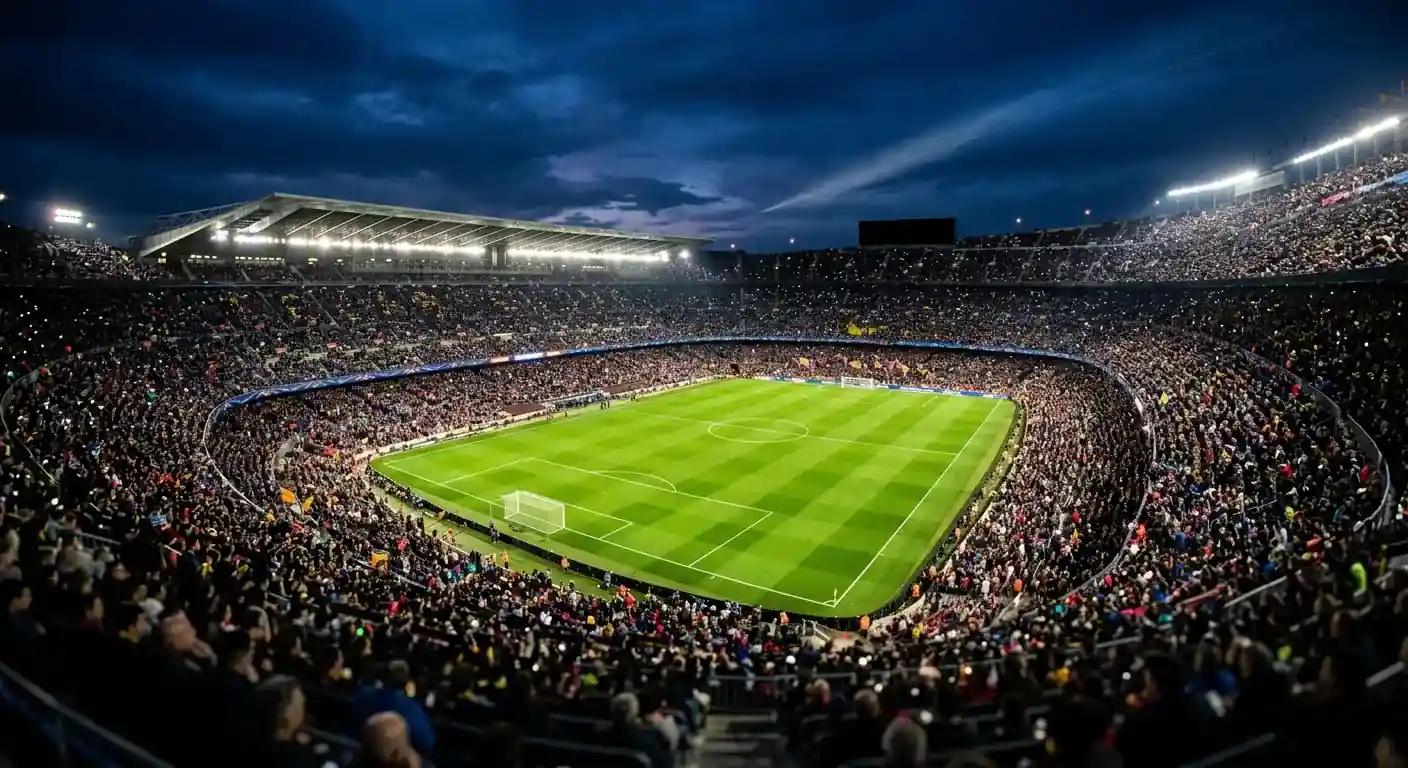 Fußballstadion bei Nacht mit hell erleuchtetem Rasen und erwartungsvoller Kulisse vor einem Achtelfinale