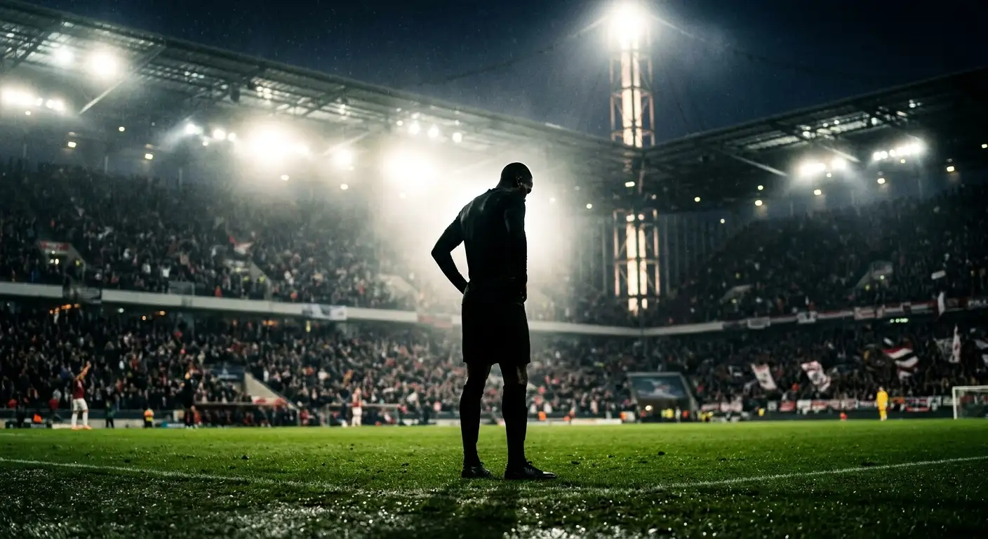 Silhouette eines Stürmers vor hellem Flutlicht in einem großen Fußballstadion