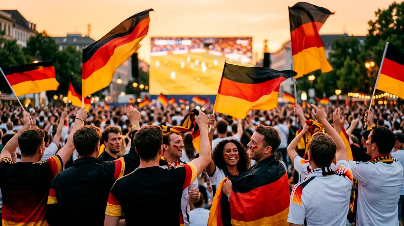 Deutsche Fans mit Fahnen feiern beim Public Viewing