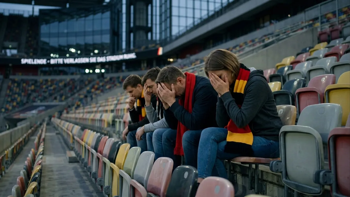 Enttäuschte Fußballfans in Schwarz-Rot-Gold sitzen mit gesenkten Köpfen auf der Tribüne eines großen Stadions