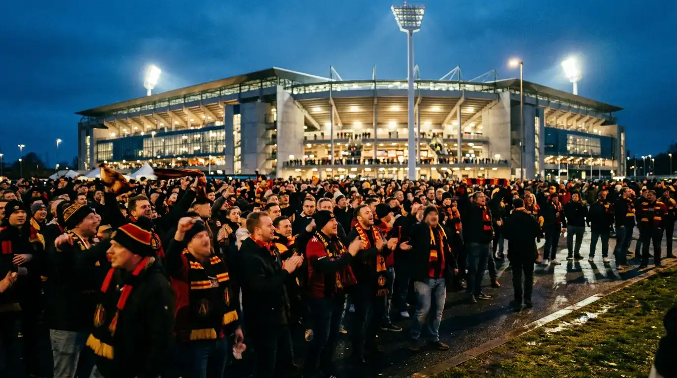 Deutsche Fans in Schwarz-Rot-Gold vor einer großen Stadionkulisse, blaue Stunde, Lichter spiegeln sich auf dem Rasen