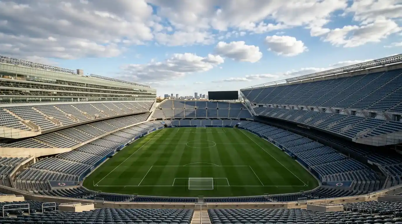 Innenraum eines NFL-/Fußballstadions mit Rasen und Tribünen am Nachmittag, geschlossene Wolkendecke