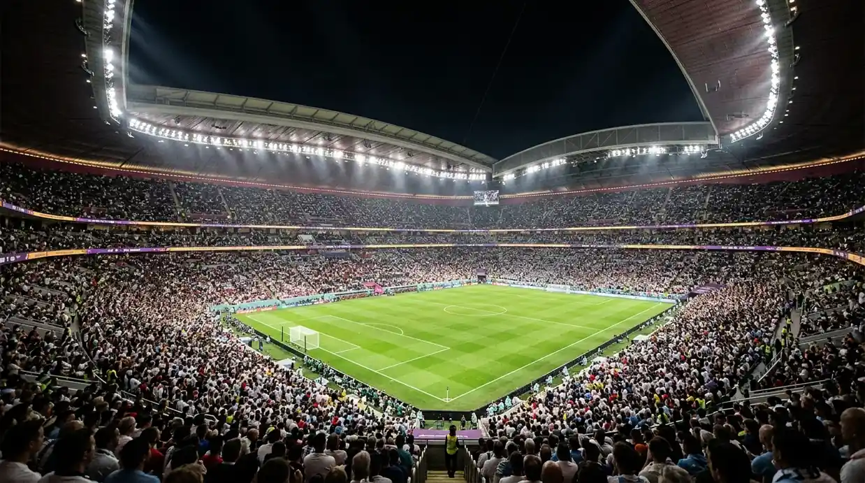 Ausverkauftes Stadion bei Nacht vor einem hochemotionalen WM-Halbfinale, Flutlicht und dichte Zuschauerränge