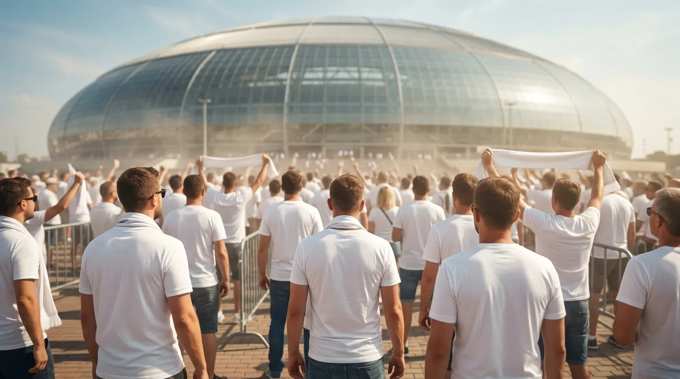 Fußballfans in weißen Trikots vor der Kulisse eines modernen überdachten Stadions bei Tageslicht