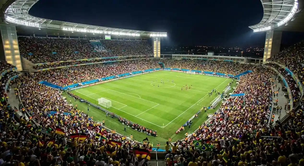 Großes offenes Fußballstadion bei Nacht vor einem bedeutenden WM-Viertelfinalspiel mit dramatischer Beleuchtung