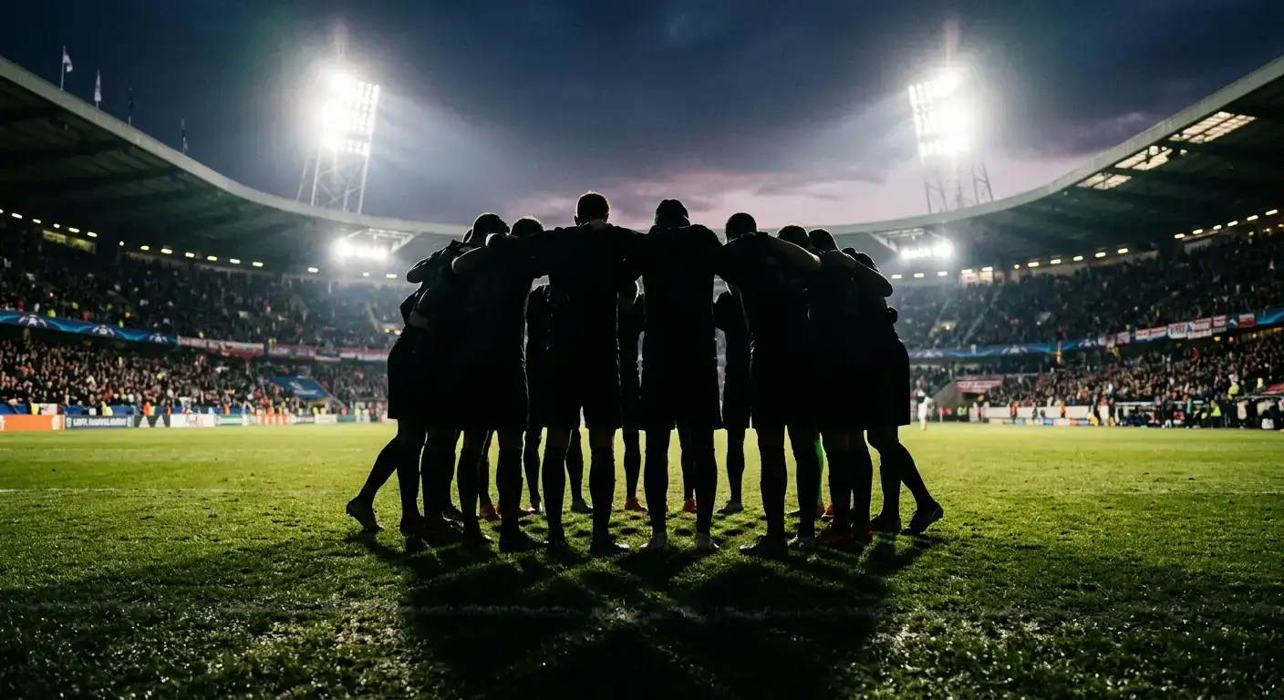 Silhouette eines Mannschaftskreises auf dem Spielfeld vor einem nächtlichen Flutlicht-Stadion
