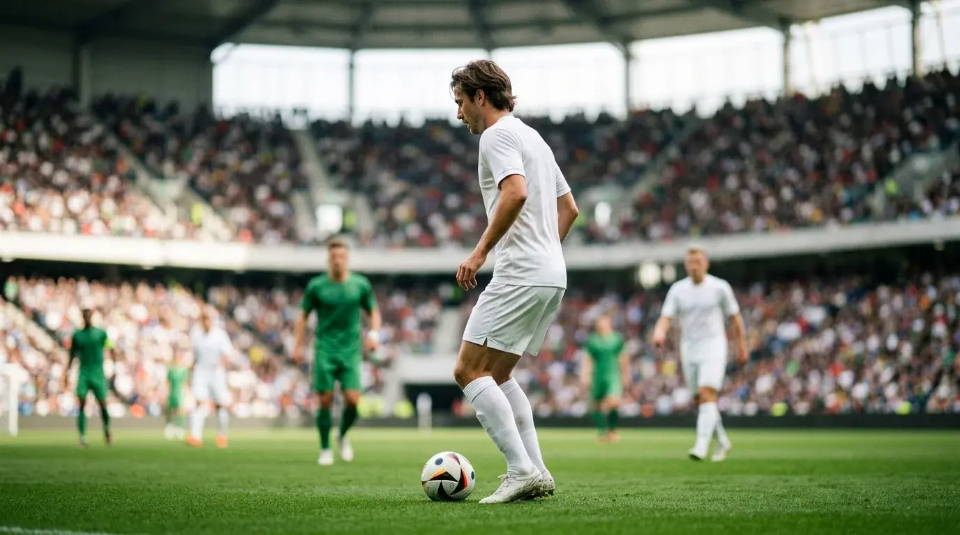 Fußballspieler in weißem Trikot beim Ballbesitz-Spielaufbau in einem großen Stadion, taktische Szene