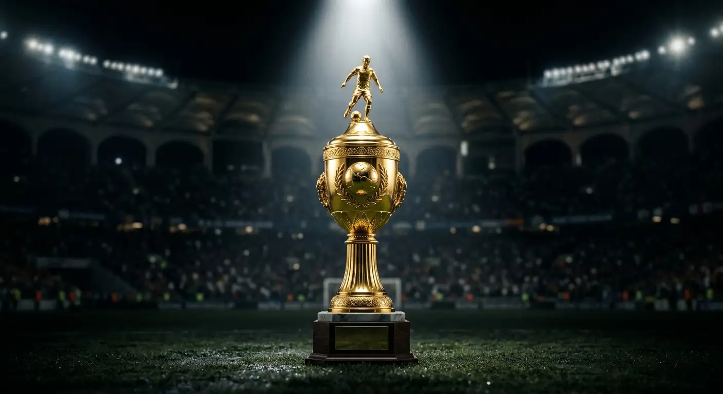 Weltmeisterschafts-Trophäe im Scheinwerferlicht vor unscharfer Stadionkulisse bei Nacht
