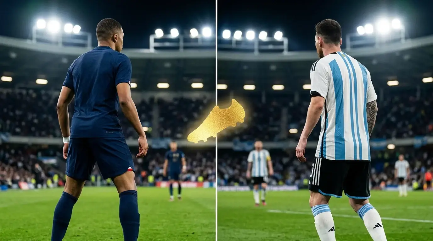 Zwei Fußballstürmer stehen sich in dramatischem Flutlicht gegenüber, ein goldener Schuh leuchtet zwischen ihnen