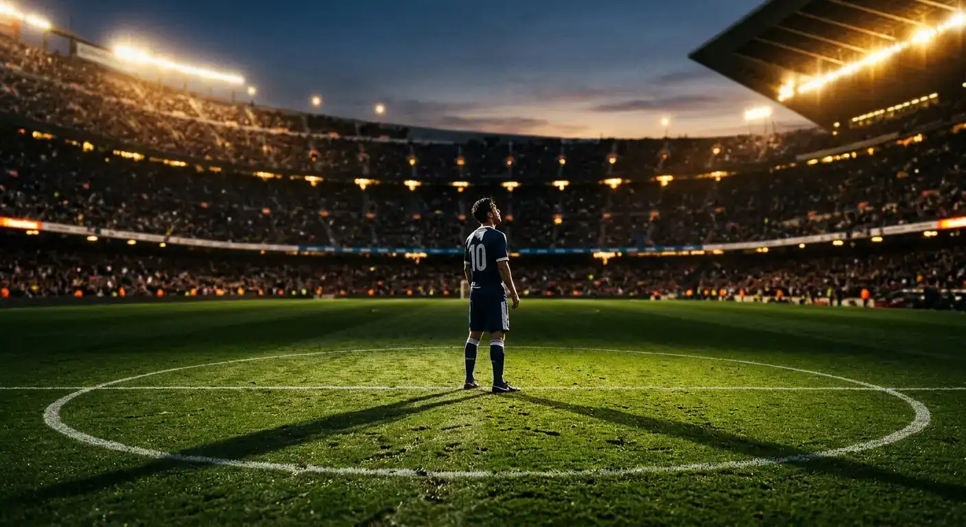 Fußballstadion im Abendlicht mit einem einzelnen Spieler im Mittelkreis nach einem entscheidenden Tor