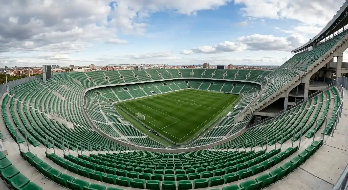 Weite Kurve eines großen Fußballstadions mit satten grünen Rängen unter freiem Himmel