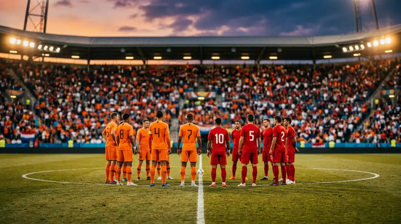 Spieler in orangenen und in roten Trikots im Schatten der Tribüne eines großen Stadions, abendliche Stimmung mit Flutlicht