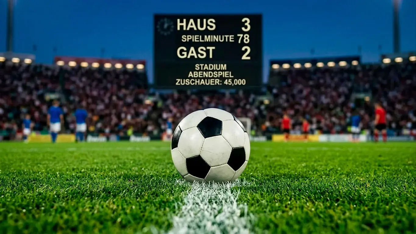 Fußball auf dem Anstoßpunkt, im Hintergrund die leuchtende Anzeigetafel eines Abendspiels