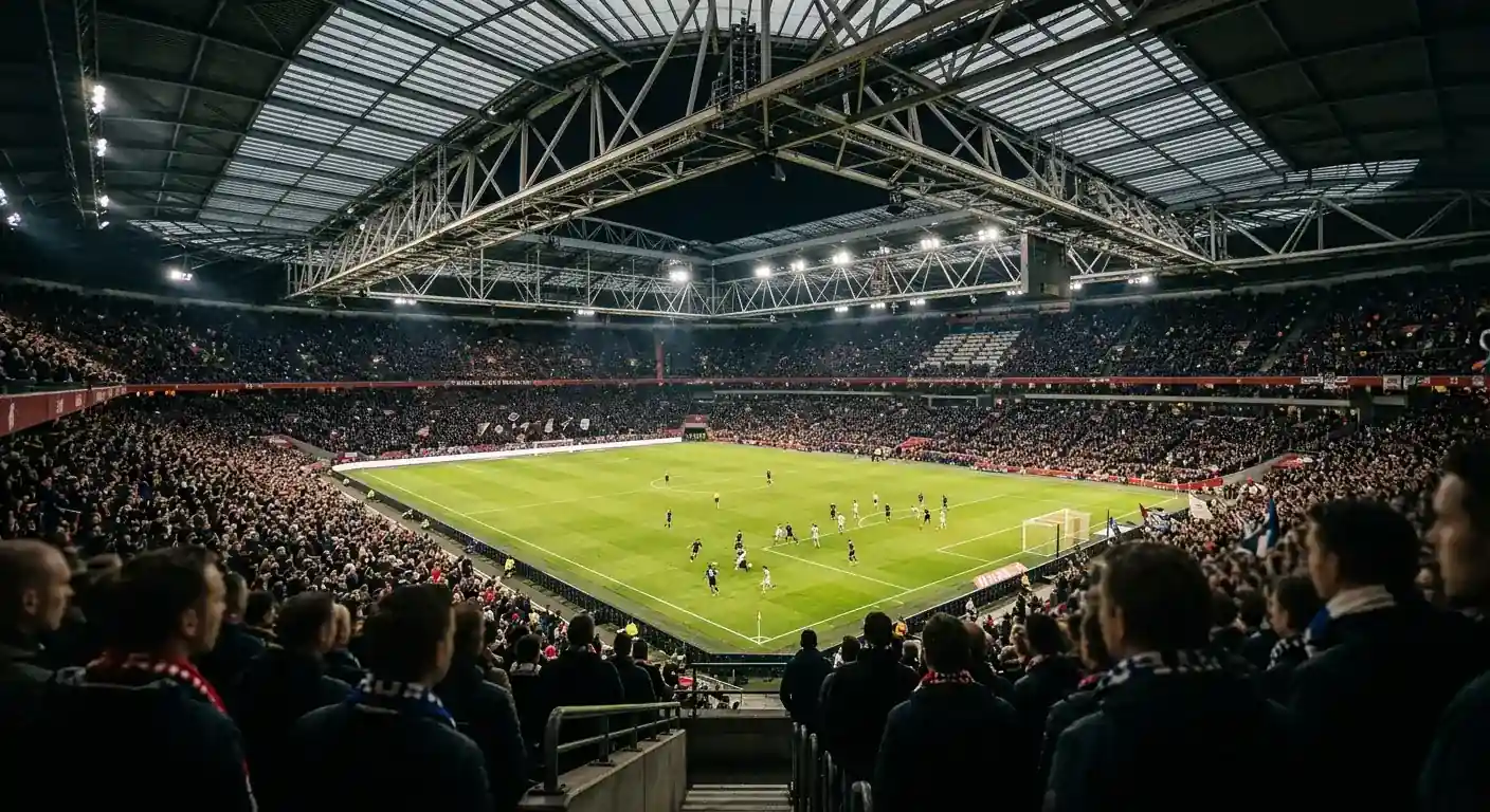 Blick auf ein modernes Stadion mit geschlossenem Dach bei einer abendlichen WM-Partie