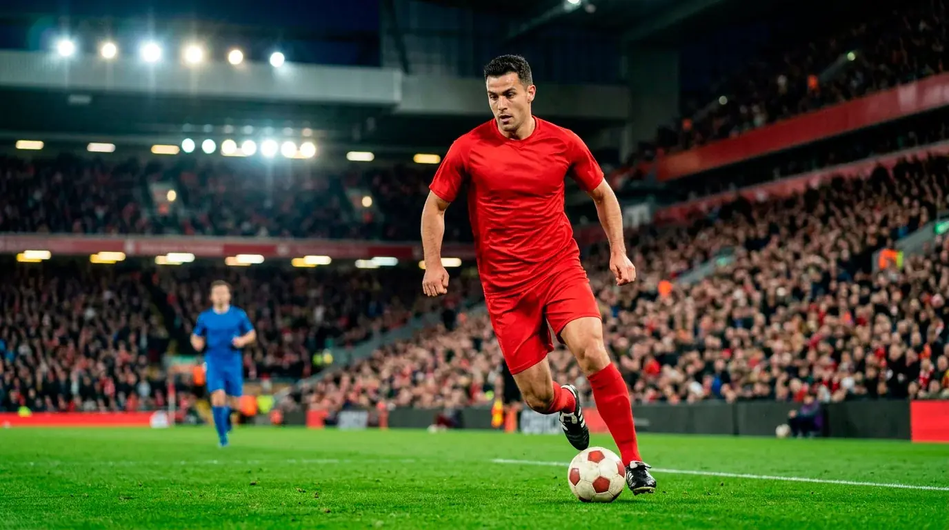 Spanischer Spieler in rotem Trikot mit Ball am Fuß, im Hintergrund eine gefüllte Stadiontribüne