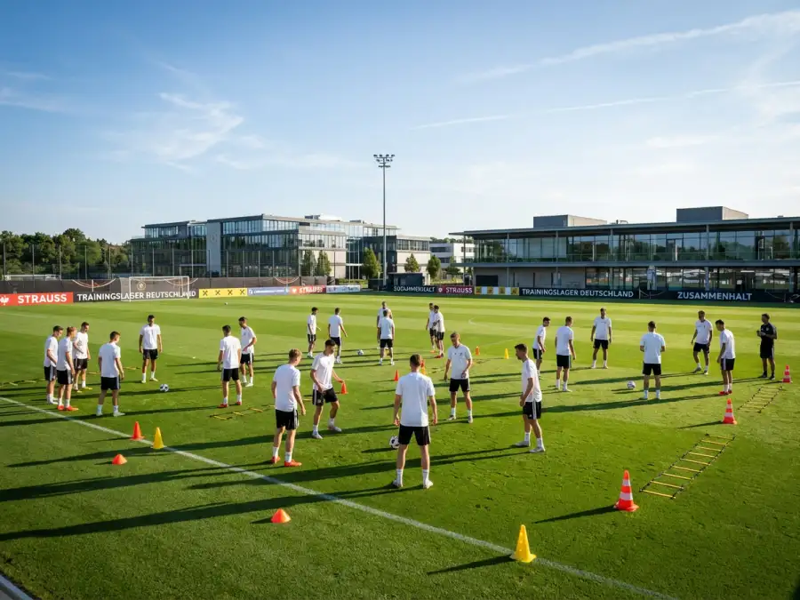 Deutsche Fußballnationalmannschaft beim Aufwärmen auf dem Trainingsplatz mit Bällen und Trainingsequipment