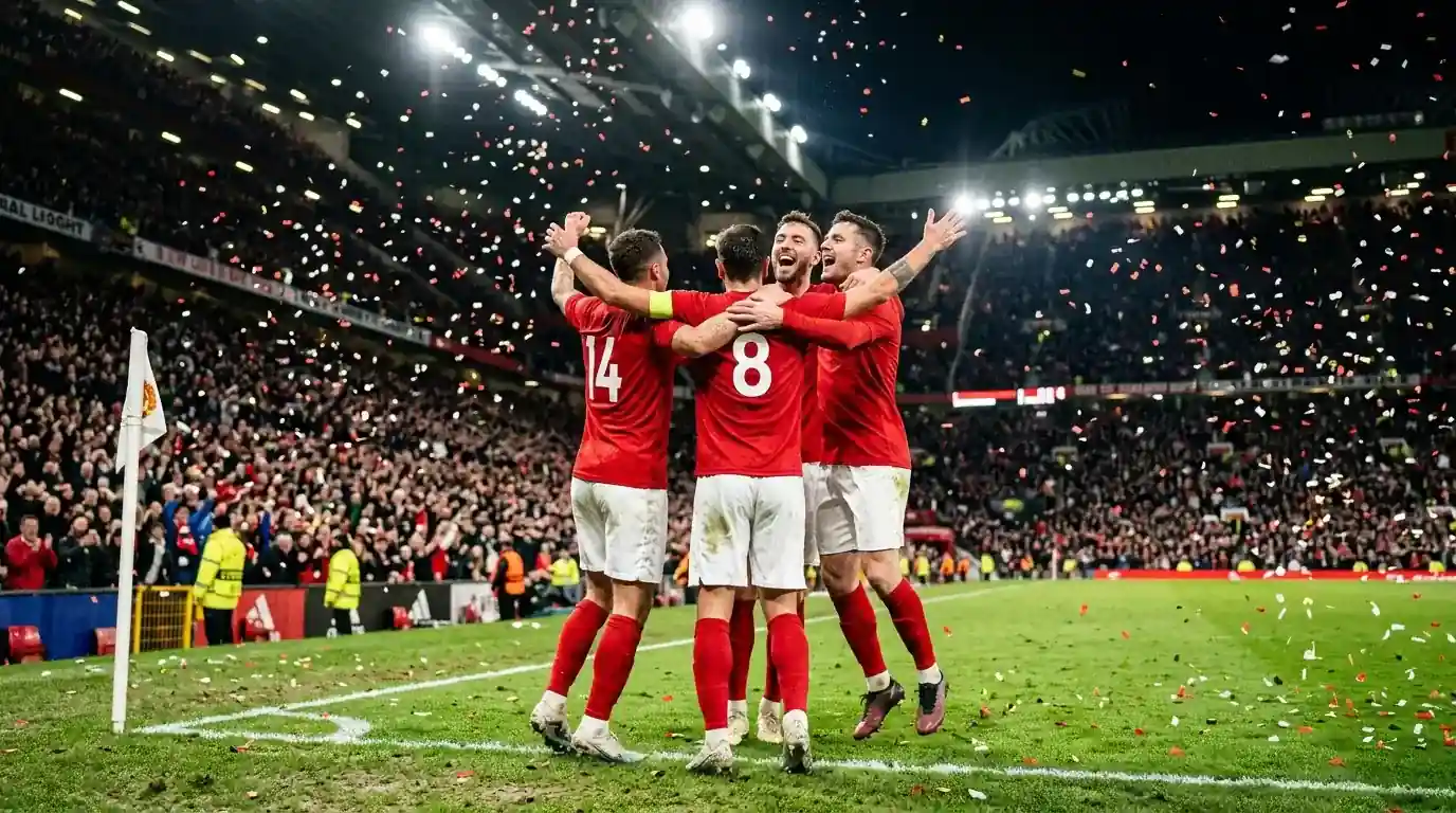 Feiernde Fußballspieler auf dem Rasen nach einem dramatischen WM-Viertelfinalsieg in der Verlängerung