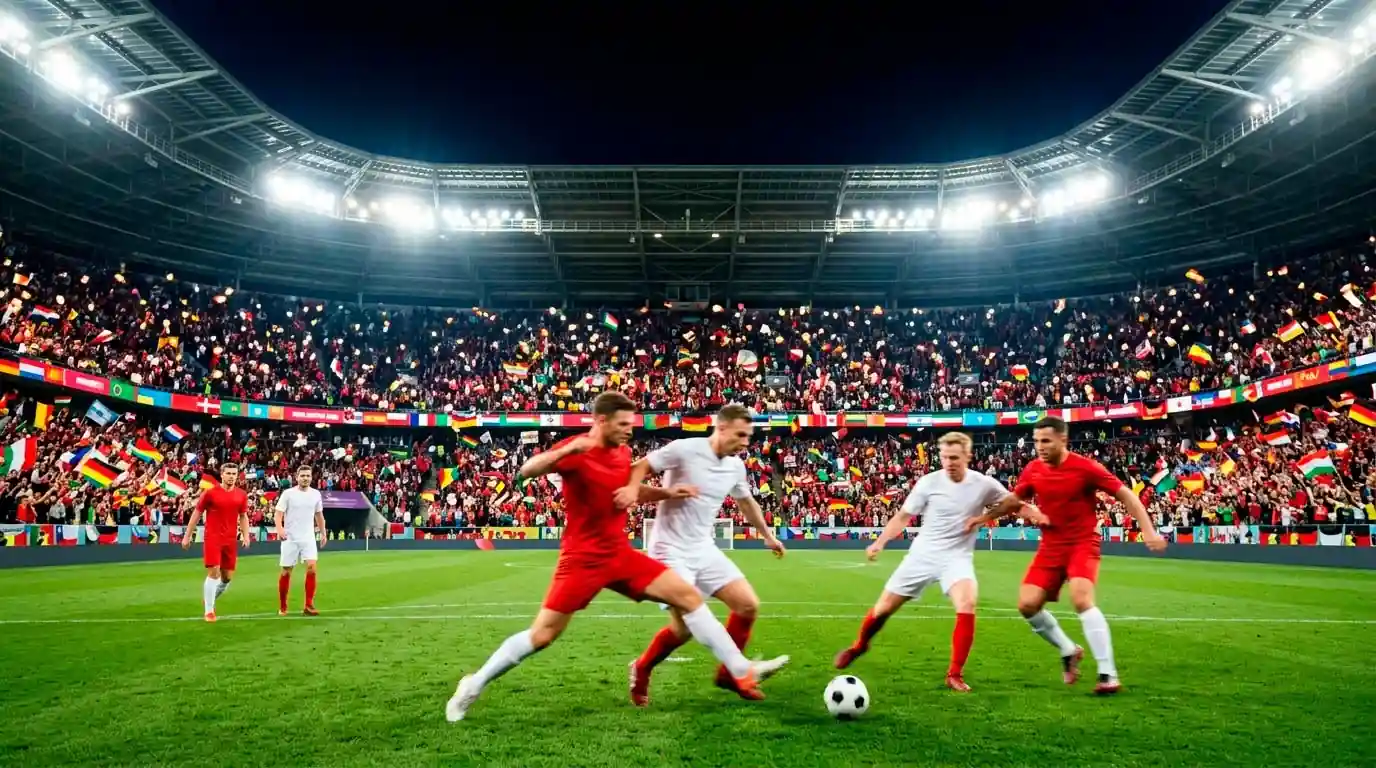 Spielszene aus einem WM-2026-Spiel am Abend mit vollem Stadion