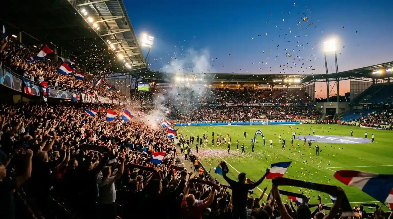 Dramatische Abendstimmung in einem großen WM-Stadion nach einem packenden K.o.-Spiel mit jubelnden Fans