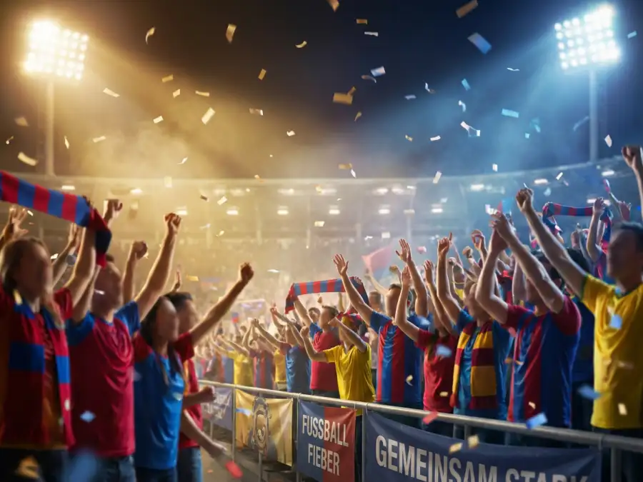 Begeisterte Fans mit Schals und Trikots auf der Tribüne eines WM-Stadions bei Flutlichtbeleuchtung