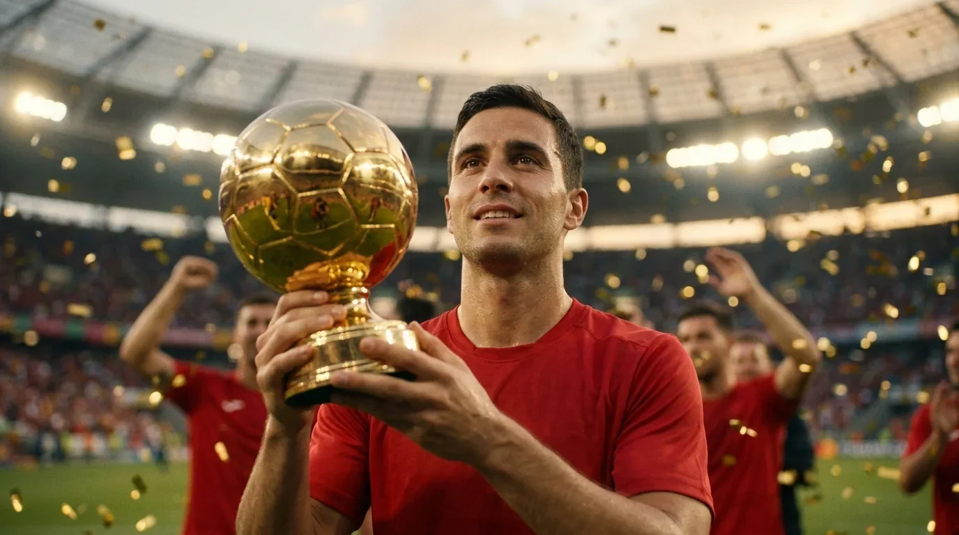 Nahaufnahme eines Fußballspielers, der den Goldenen Ball Pokal in die Kamera hält, jubelnde Gesichter im Hintergrund