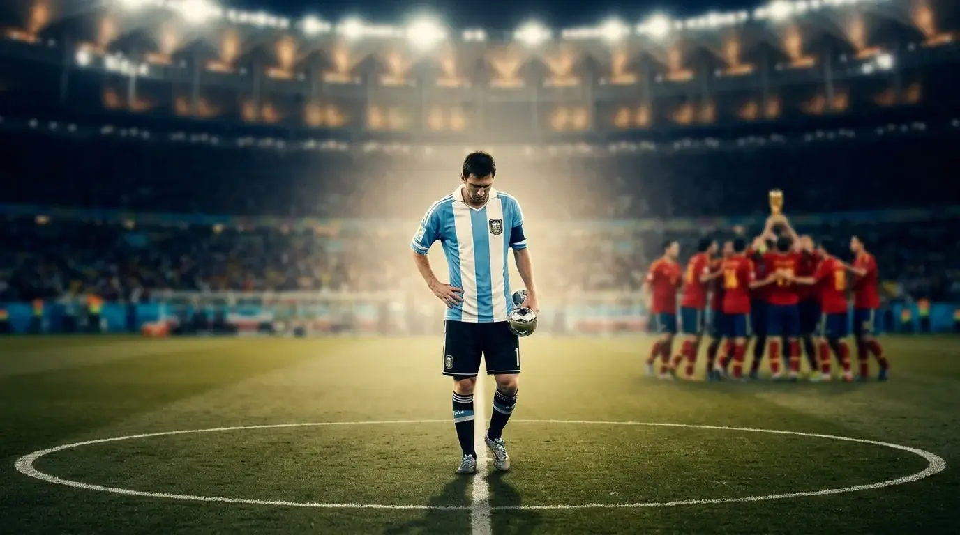 Nahaufnahme eines argentinischen Fußballspielers mit gesenktem Kopf, leere Hände in den Hüften, verschwommene jubelnde spanische Spieler im Hintergrund, Flutlicht