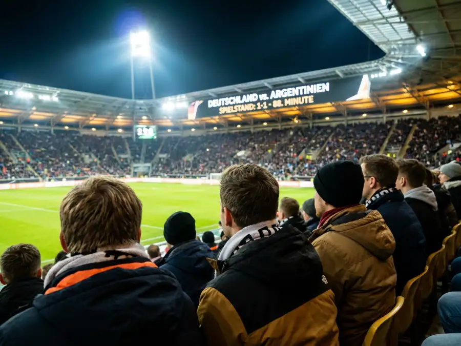 Blick über die Schulter von Fans im WM-Stadion mit Anzeigetafel und Spielfeldbeleuchtung im Hintergrund