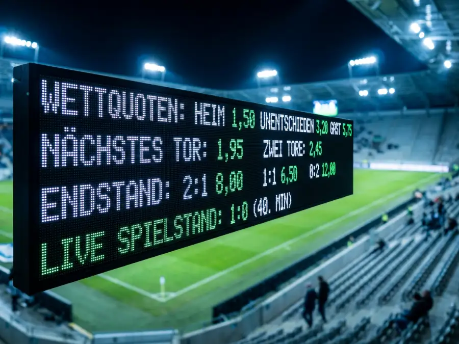 Dezimalquoten auf einem Bildschirm vor dem Hintergrund eines Fußballstadions bei Flutlicht