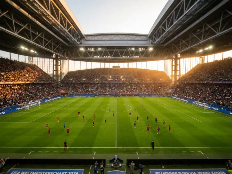 Panoramablick auf ein voll besetztes WM-2026-Stadion mit Rasenfeld und Flutlicht bei Abenddämmerung