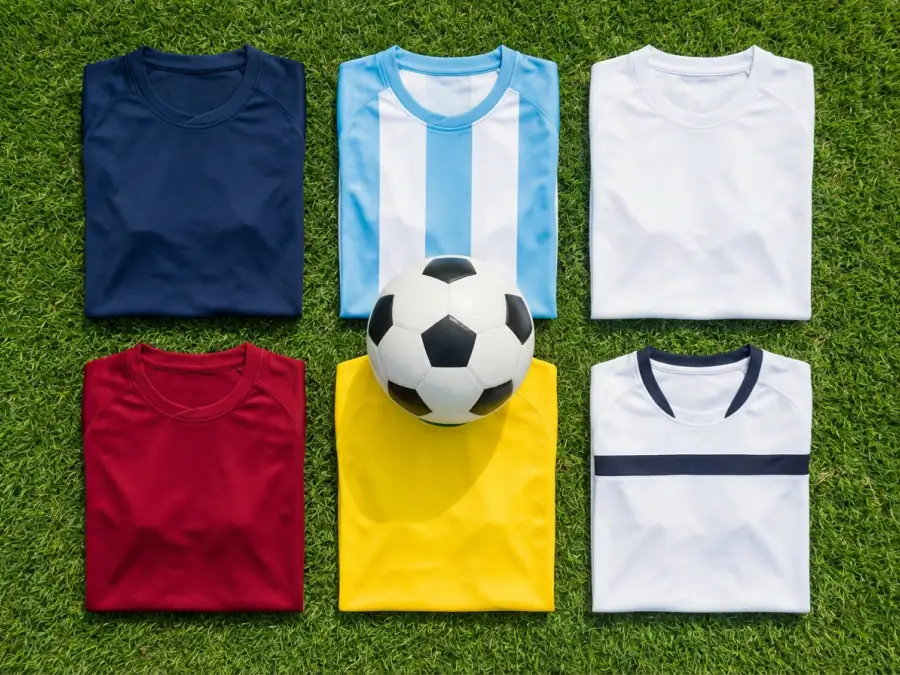 Collage der Trikots der WM 2026 Topfavoriten Frankreich, Argentinien, England, Spanien, Brasilien und Deutschland