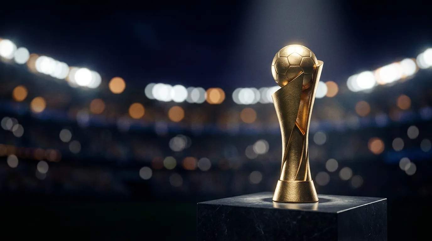 Eine Weltmeisterschafts-Trophäe im Scheinwerferlicht vor unscharfer Stadionkulisse bei Nacht
