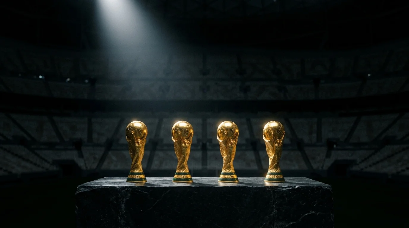 Vier stilisierte Fußballtrophäen-Silhouetten nebeneinander in einem Stadion, symbolisch für vier Titelanwärter