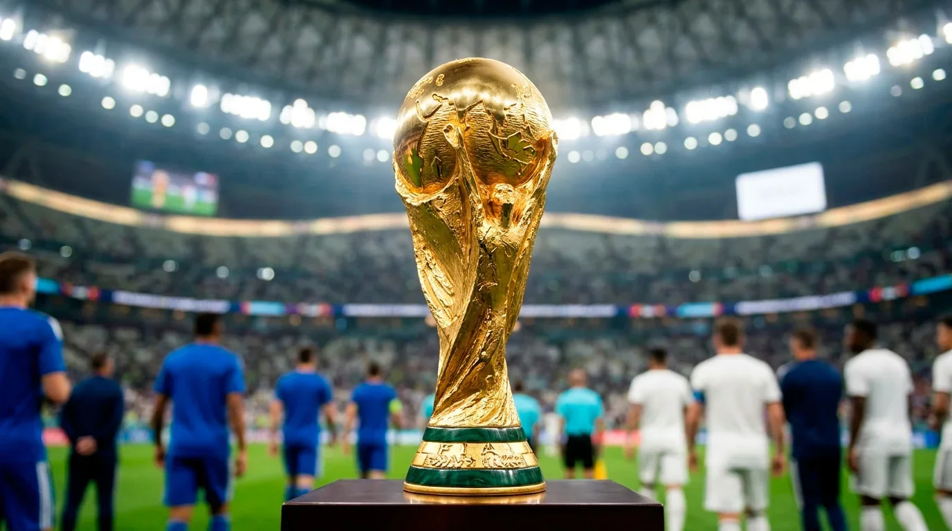 Goldene WM-Trophäe vor einer unscharfen, hell erleuchteten Stadionkulisse