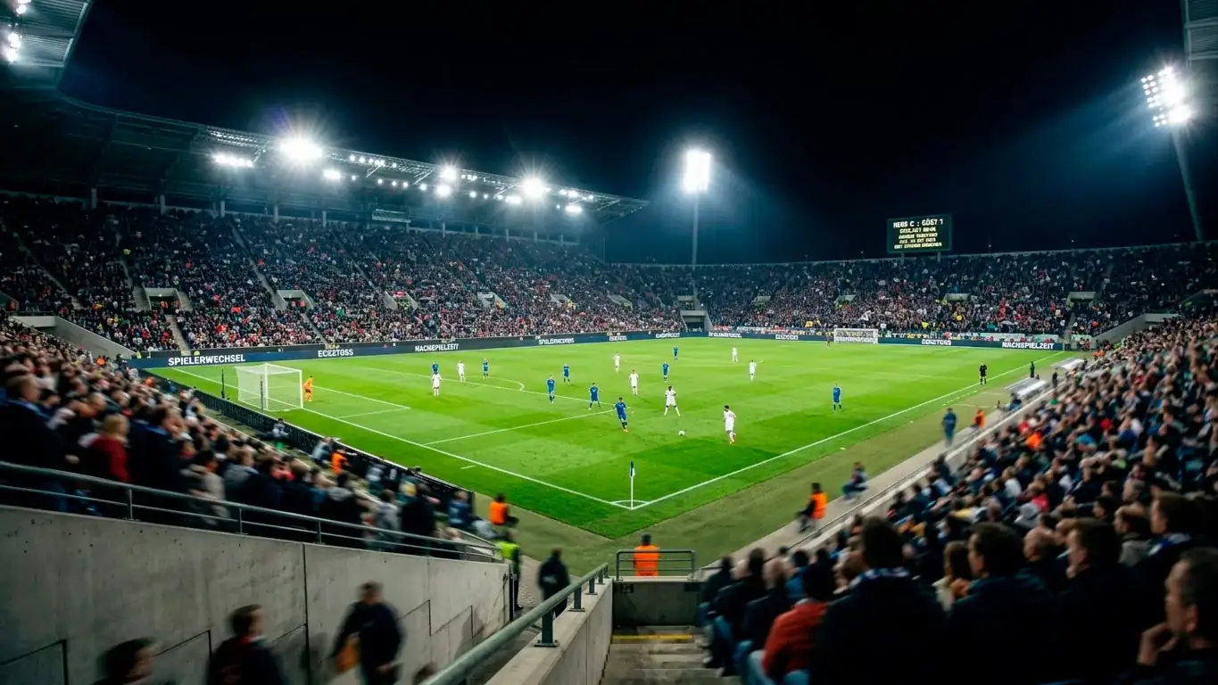 Stadion bei Nacht mit Flutlicht und voller Tribüne, Blick über das Spielfeld