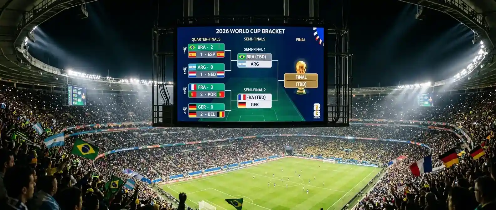 Übersicht eines WM-Viertelfinal-Turnierbaums auf einer großen Stadionanzeigetafel bei Nacht