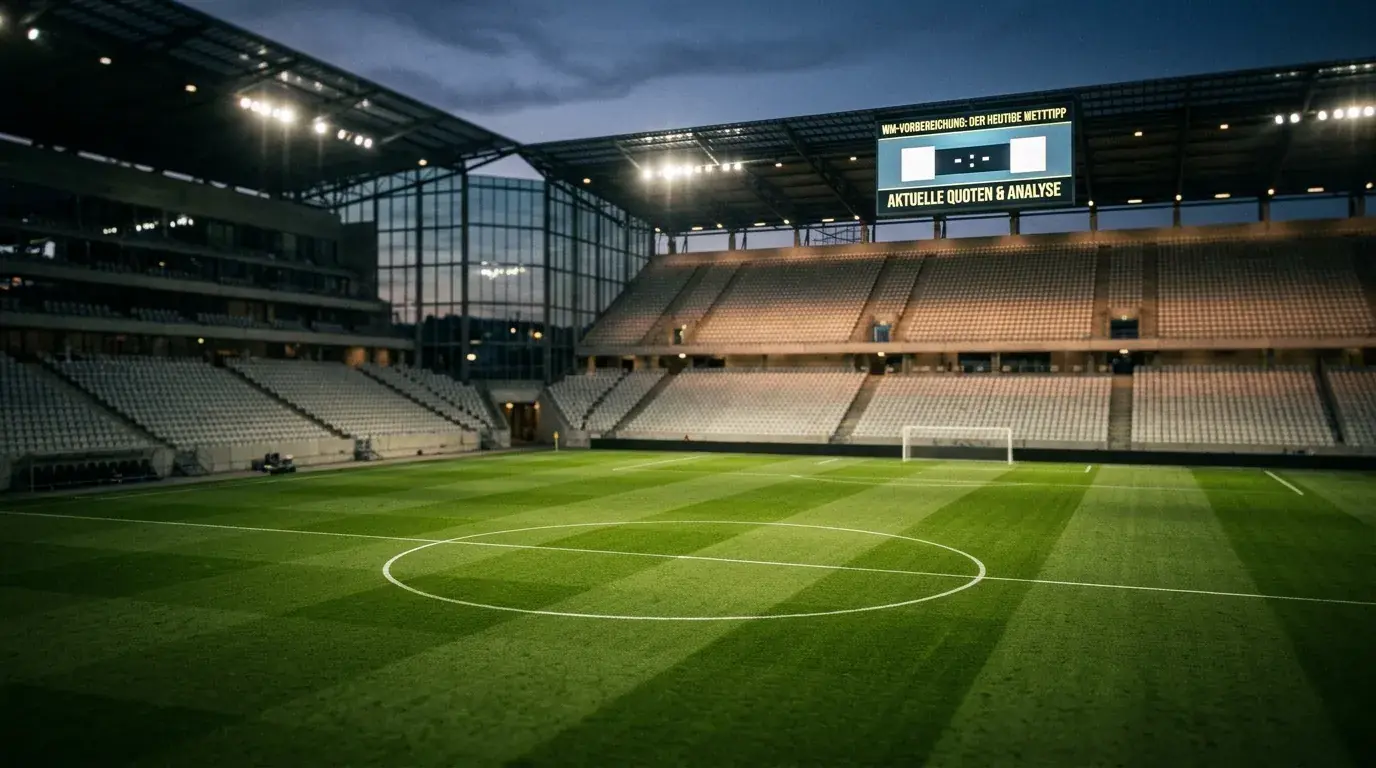 Beleuchtete Anzeigetafel und Anstoßkreis in einem großen WM-Stadion am Abend vor einer K.o.-Partie