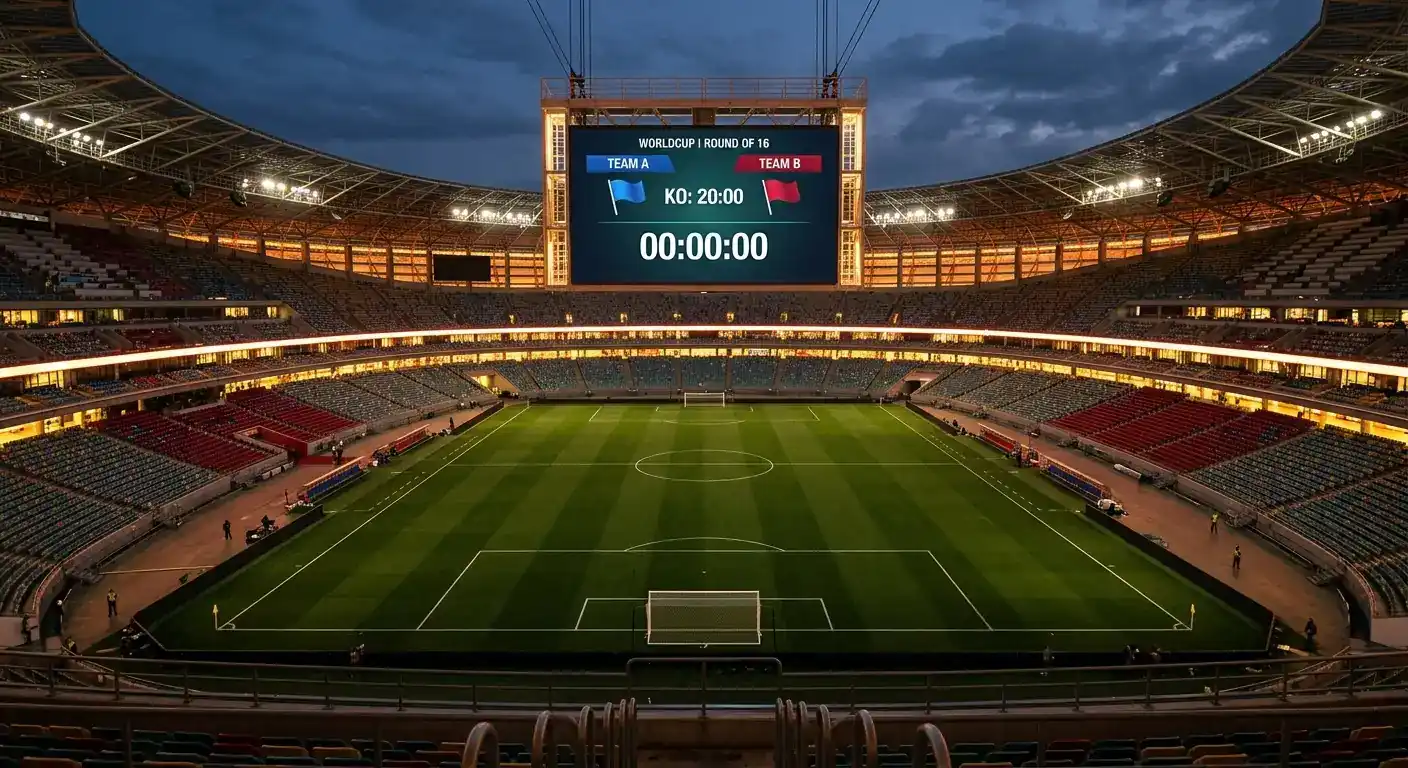 Anzeigetafel und Mittelkreis eines großen WM-Stadions am Abend vor einem K.o.-Spiel